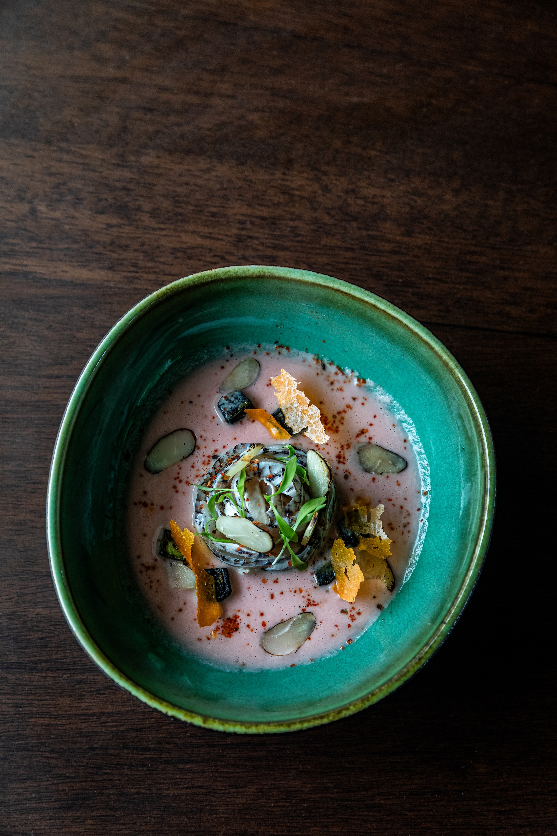 Oscar fish tiradito with camu camu berries, togarashi and Brazil nuts